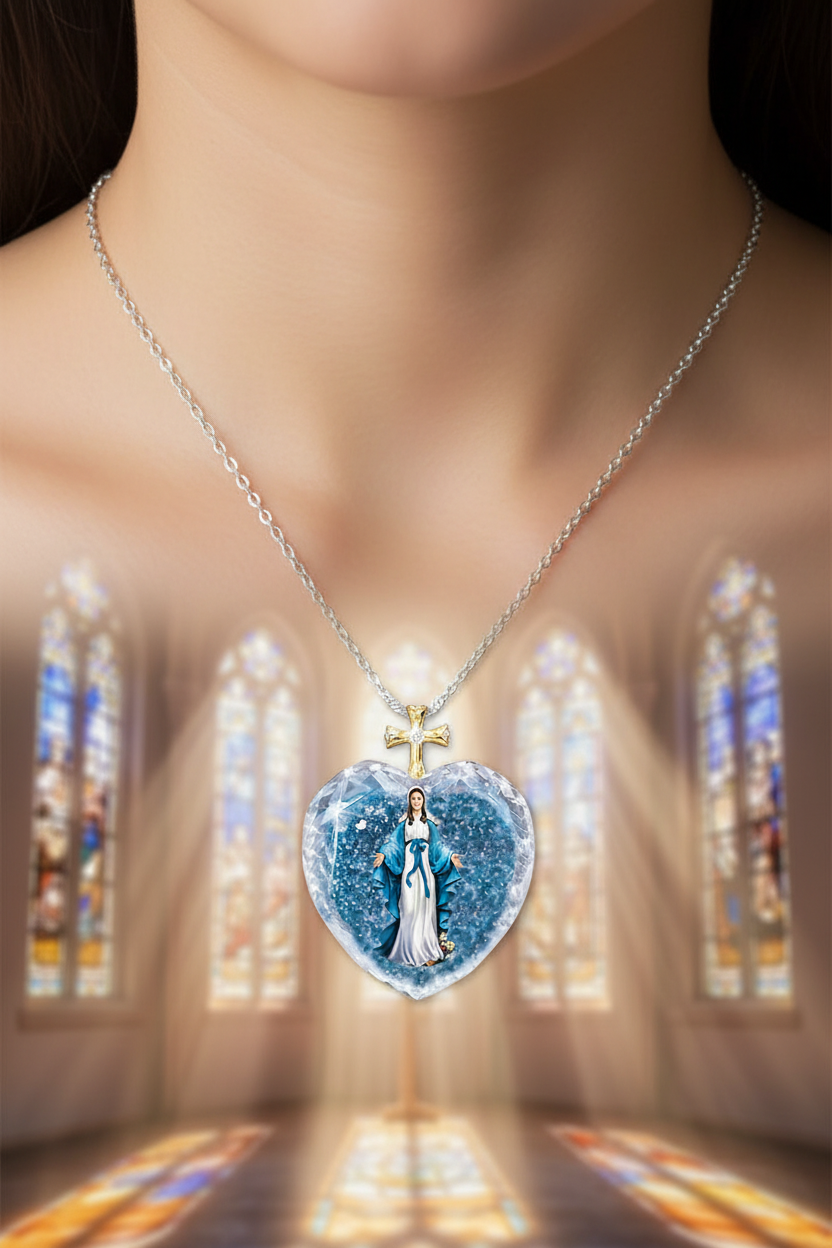 Blue crystal heart pendant with gold cross charm on silver chain, blue-robed figure centerpiece.