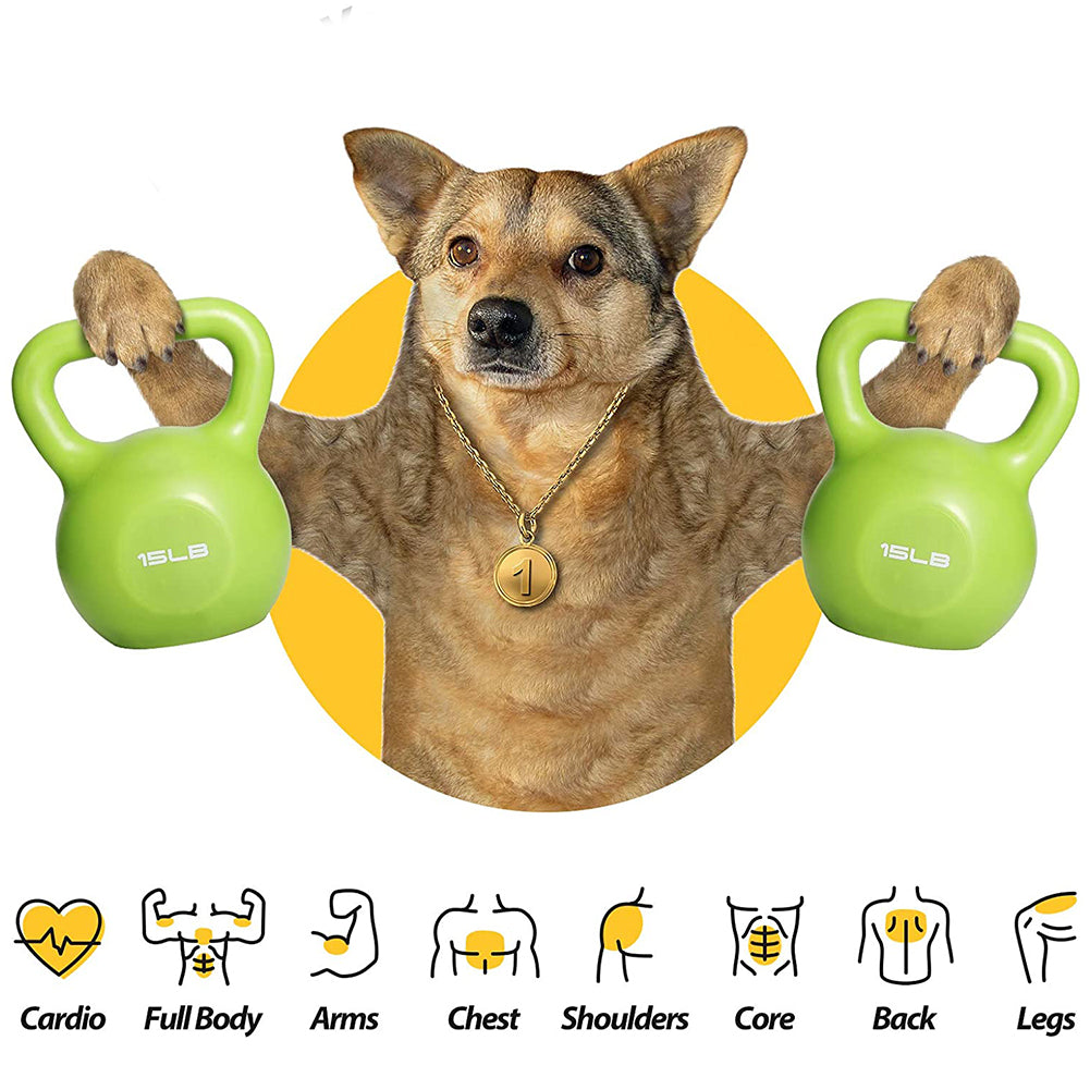 Green 15 lb vinyl kettlebell prop with visible handle on both sides