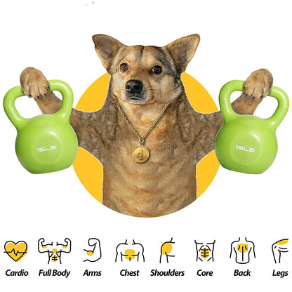 Green 15 lb vinyl kettlebell prop with visible handle on both sides