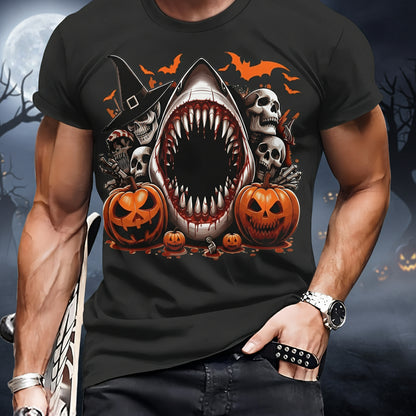 Men's Casual Polyester Round Neck T-shirt With 3D Shark And Halloween Pumpkin Fitted Knit Fabric, Slightly Elastic