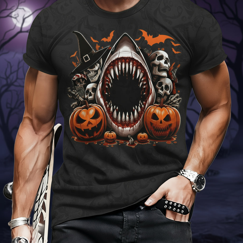 Men's Casual Polyester Round Neck T-shirt With 3D Shark And Halloween Pumpkin Fitted Knit Fabric, Slightly Elastic