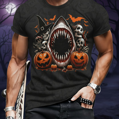 Men's Casual Polyester Round Neck T-shirt With 3D Shark And Halloween Pumpkin Fitted Knit Fabric, Slightly Elastic