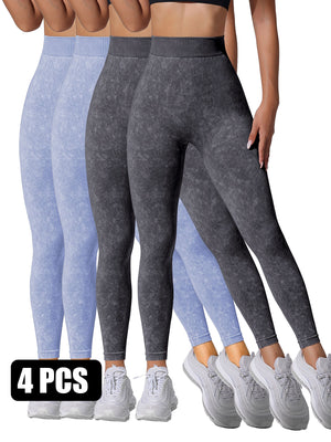 4-pack seamless yoga pants in light blue shades and dark gray; smooth high-rise waist