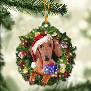Christmas acrylic animal car pendant with brown dog wearing Santa hat and blue gift
