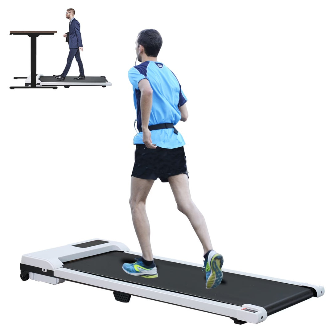 White folding walking treadmill with black running belt and compact motor base