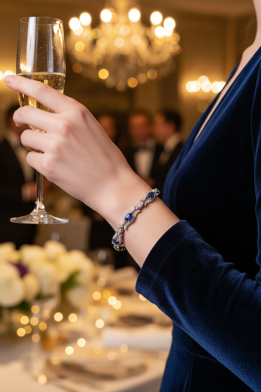 Sapphire tennis bracelet in silver with oval blue stones and detailed pavé borders