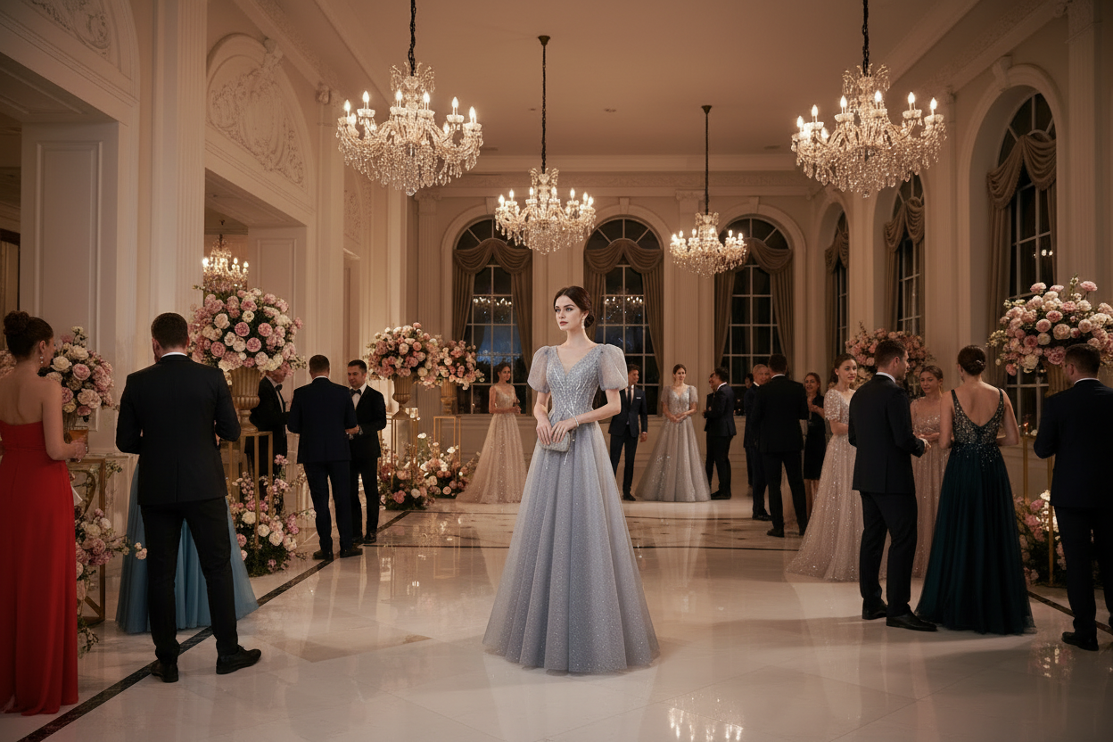Long silver-gray sequin gown with short puff sleeves and gathered skirt