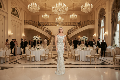 Fishtail evening dress with fitted sleeveless bodice, lace-like sparkle texture, silver-white