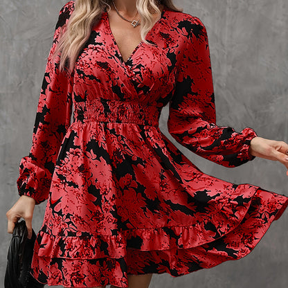 Women's Elegant Printed Lantern Sleeve A-Line, V-Neck, Ruffled Gathered Waist Detail, Flowy Midi Dress For Casual & Formal Occasions