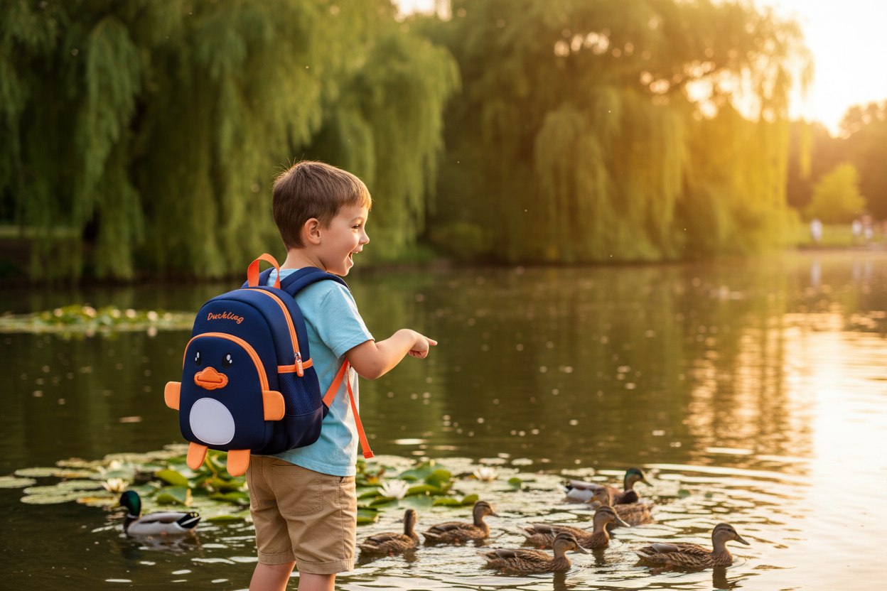 Children's blue penguin-face backpack with orange accents and adjustable straps, back view
