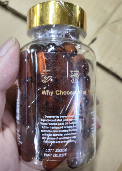 Pumpkin seed oil soft capsules bottle, back label with brand and ingredient info