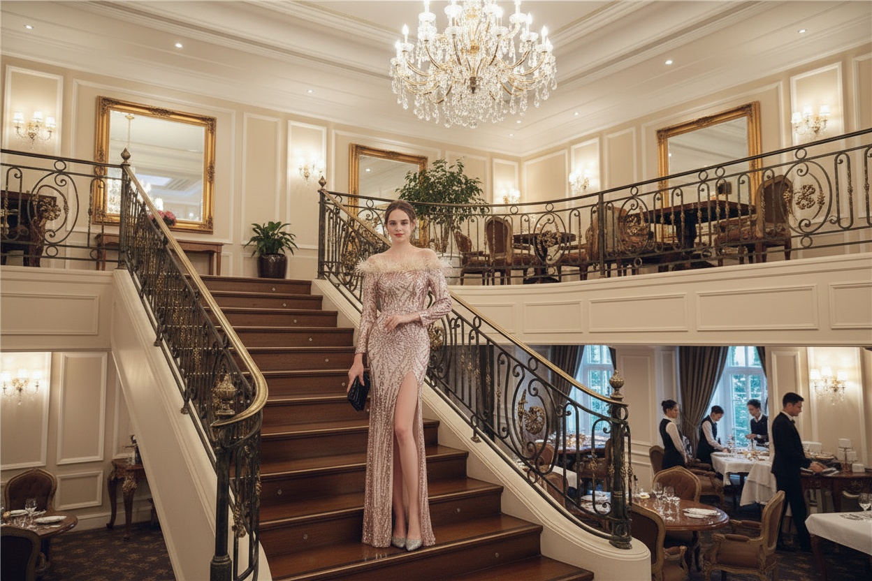 Pink sequined off-shoulder evening dress with long sleeves and fishtail skirt