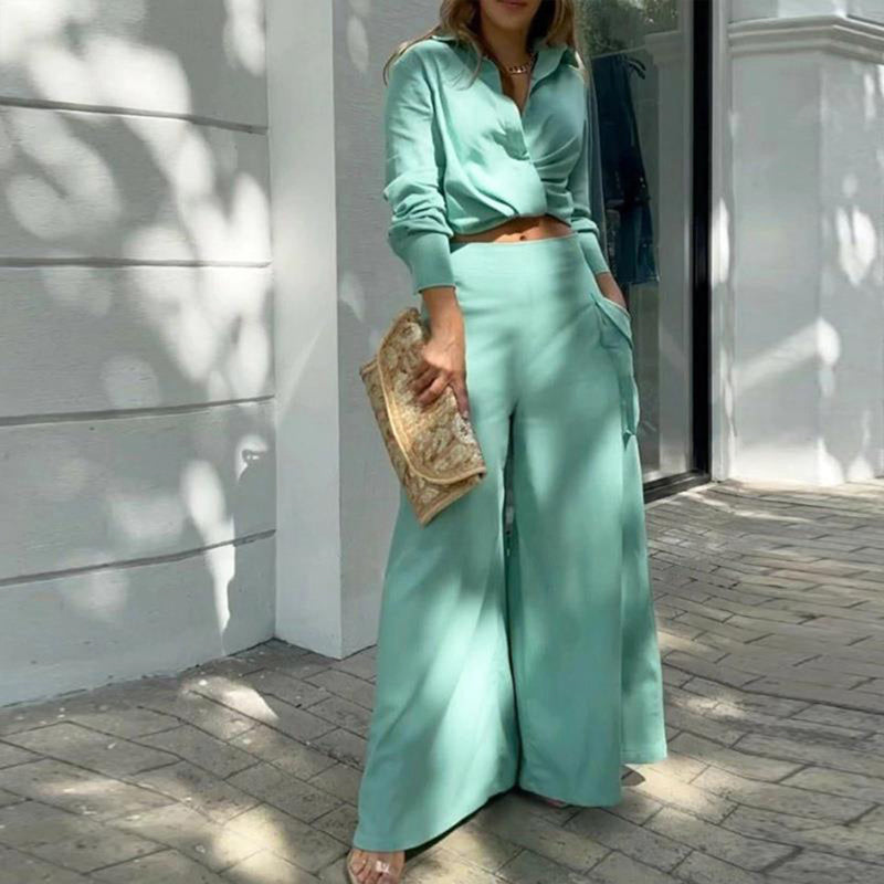 Women's Plus Size Elegant Pant Set - Crisscross Detail Top & Wide Leg Pants With Pockets