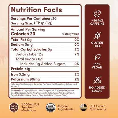 Mushroom coffee Nutrition Facts label with serving size and ~50 mg caffeine info