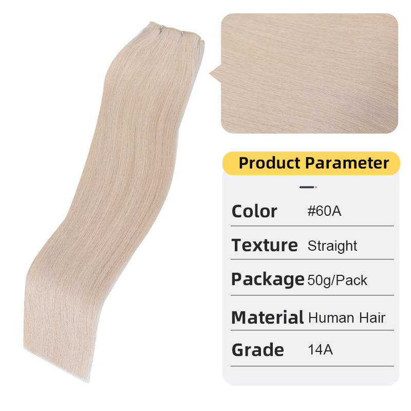 Straight human hair extension weft with small top clip, light beige blonde