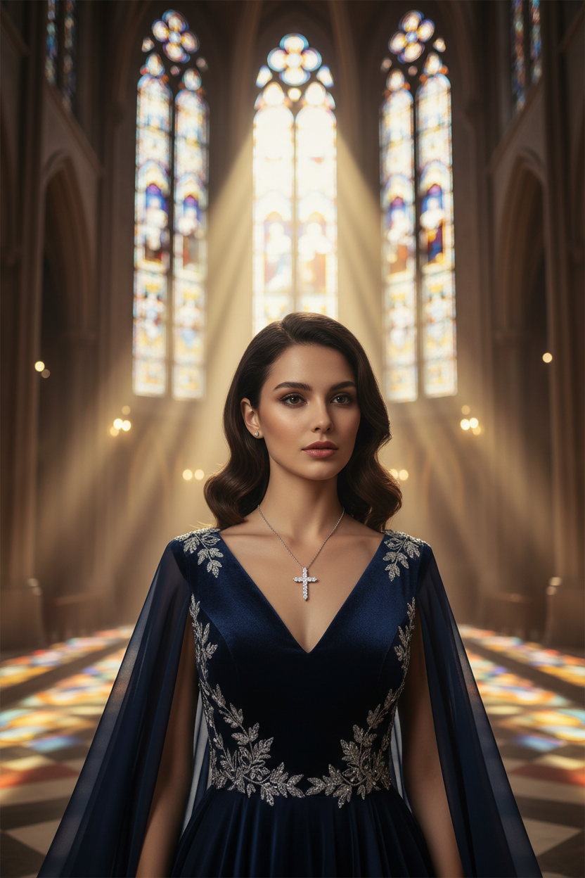 Silver cross pendant necklace on a chain over a dark blue V-neck dress