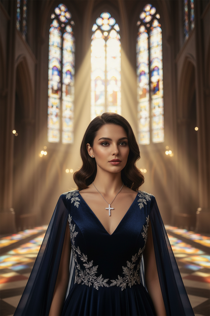Silver cross pendant necklace on a chain over a dark blue V-neck dress