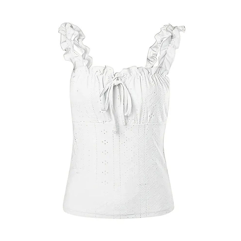 Women's Cute Sleeveless Tank Tops Frill Trim Strap Tie Knot Square Neck Eyelet Blouse