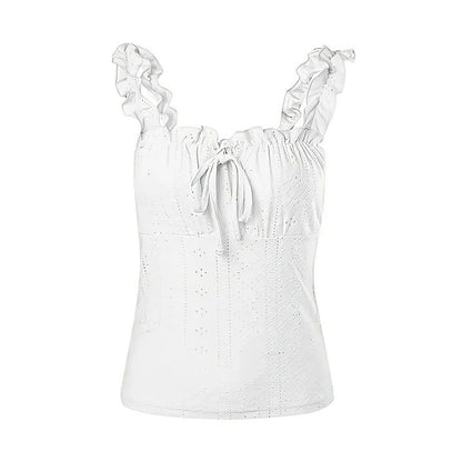 Women's Cute Sleeveless Tank Tops Frill Trim Strap Tie Knot Square Neck Eyelet Blouse