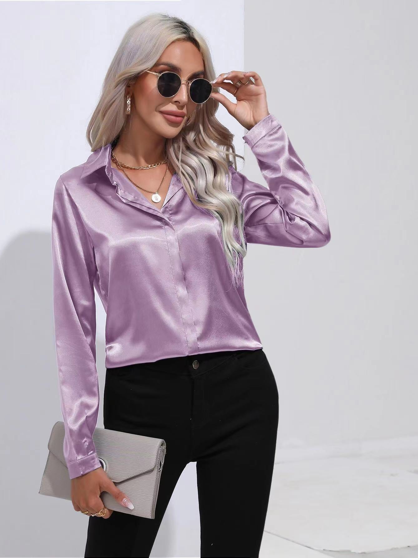 Light purple satin button-up long-sleeve shirt with one-button placket and pointed collar.
