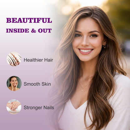 Hair growth supplement promotional panel listing healthier hair, smooth skin, stronger nails