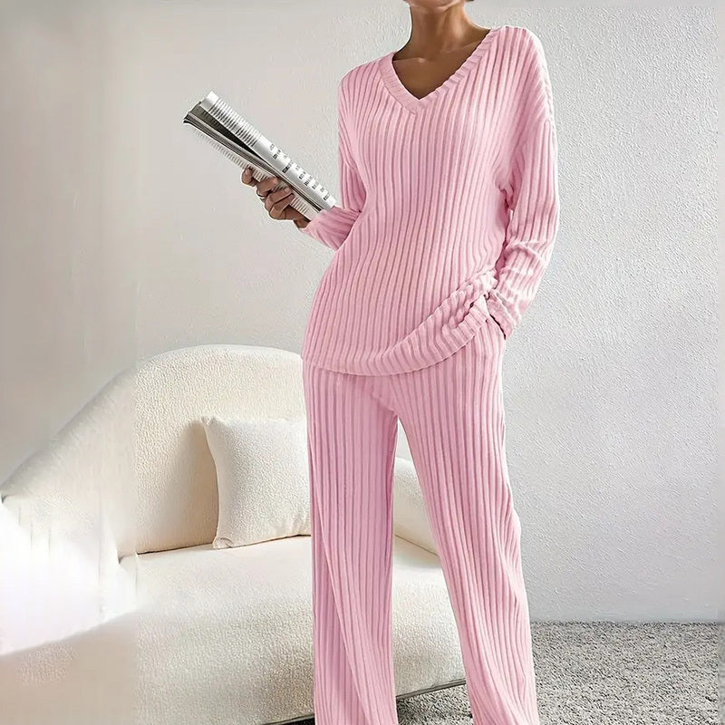 Women's 2-Piece Set Solid Color V-Neck Long Sleeve Top & Straight Leg Pants, Ribbed Texture Outfit