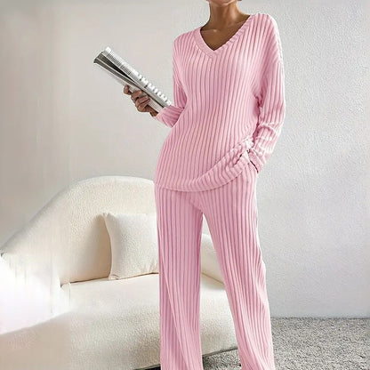 Women's 2-Piece Set Solid Color V-Neck Long Sleeve Top & Straight Leg Pants, Ribbed Texture Outfit