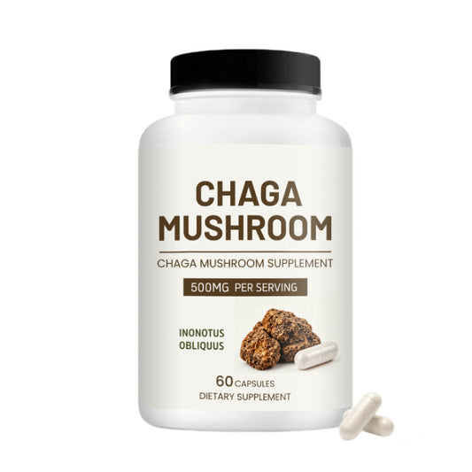 Chaga mushroom supplement capsules bottle, black cap, label shows 60 capsules