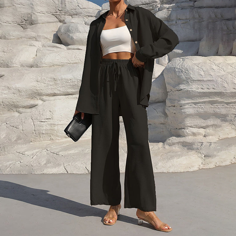 Women's Solid Color Lapel Long Sleeve Pants Set - Button-Up Casual Two-Piece Outfit With Drawstring Waist Lounge Wear