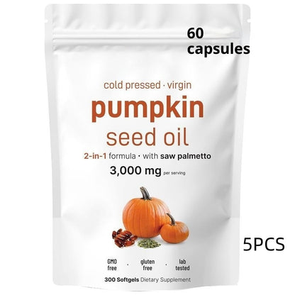 Cold-pressed virgin pumpkin seed oil supplement pouch, 2-in-1 with saw palmetto, 300 softgels