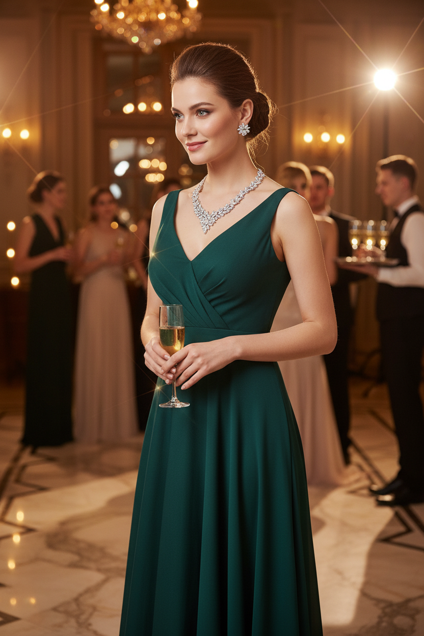 Zircon necklace and earring set with green stones on a deep teal gown