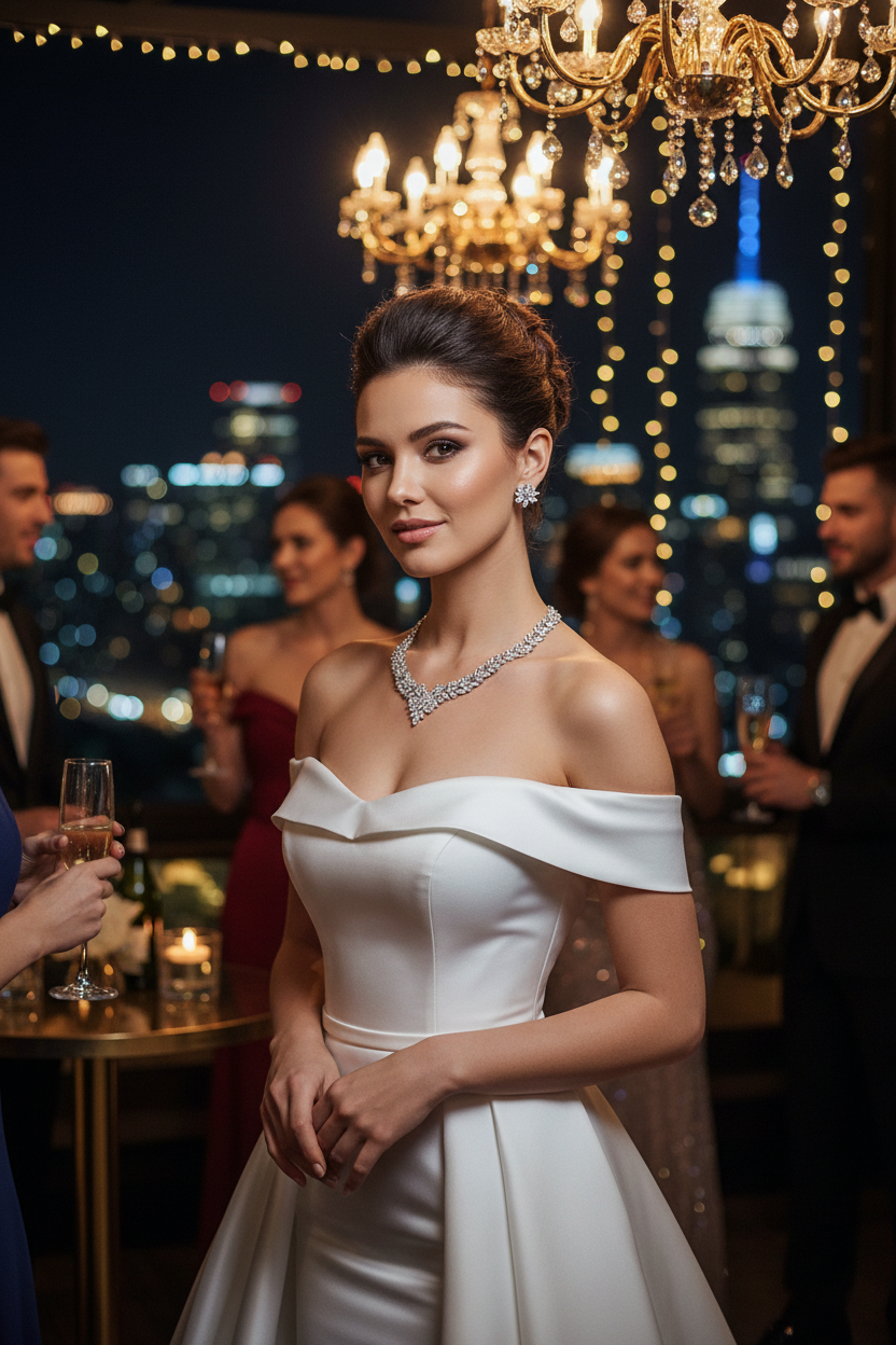Zircon necklace and earring set with clear stones on a white off-shoulder dress