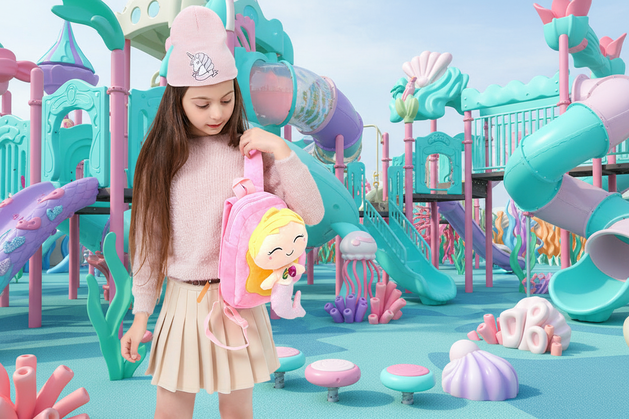 Pink kids backpack with mermaid plush face, front pocket zipper and two shoulder straps