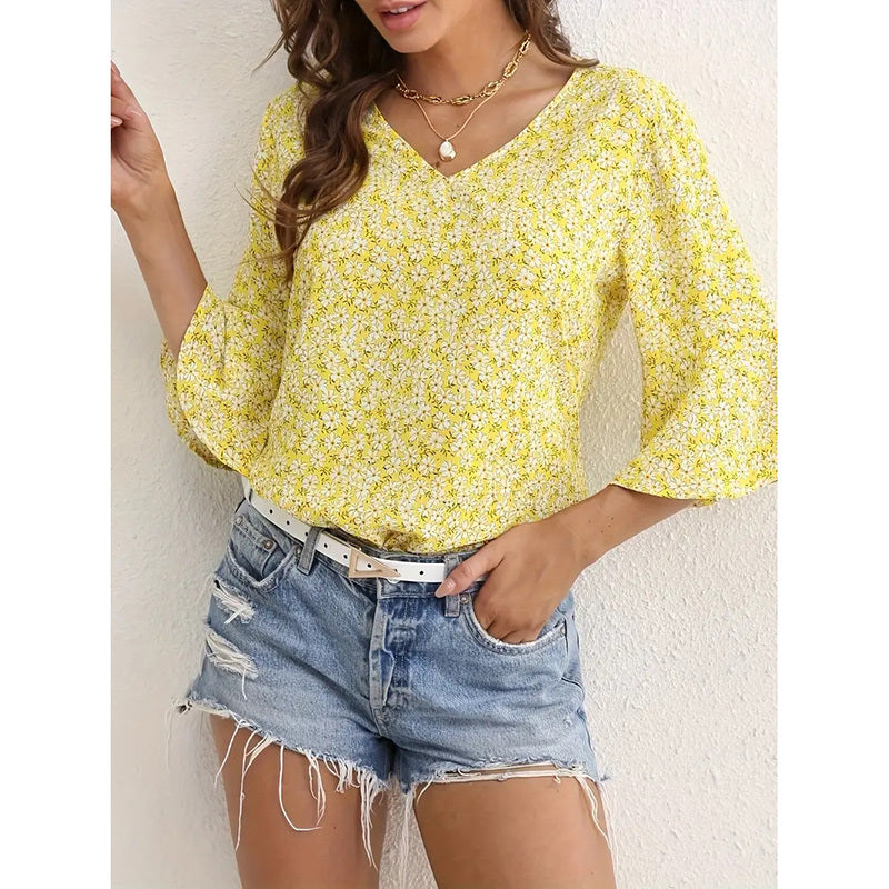 Womens Summer Floral Print Blouses V-Neck Flare Sleeve Tops Dressy Casual T-Shirts