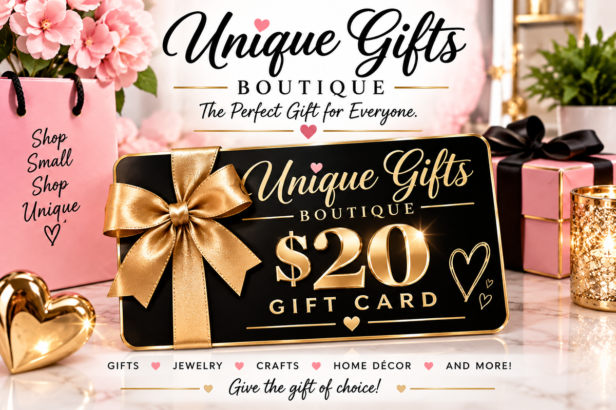 Gift card with black and gold design, gold bow, and "Gift Card $20" lettering