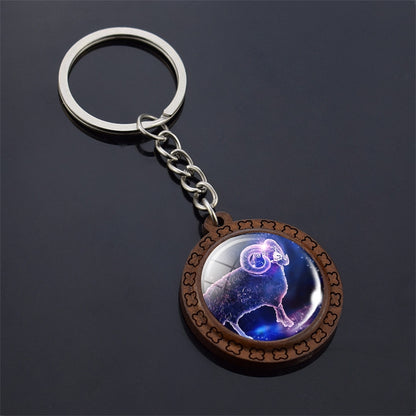 Constellation Keychain Wood Carved Time Gem Pendant