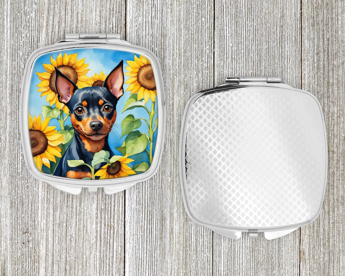 Miniature Pinscher in Sunflowers Compact Mirror
