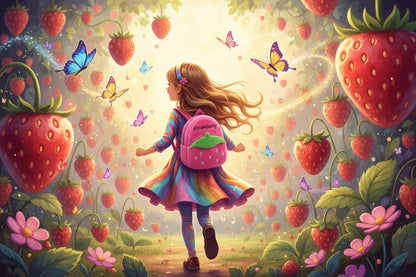 Pink plush strawberry schoolbag with green top and strap-on rounded shape