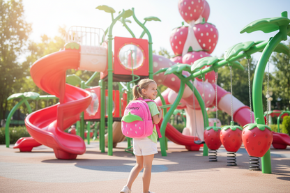 Pink plush strawberry schoolbag with red polka dots, green leaf top, and straps