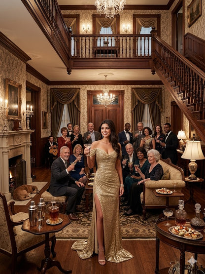 Sequined off-shoulder split dress, champagne-gold long gown with fitted mermaid shape