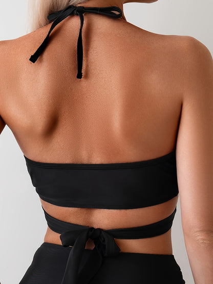Women's Halter Swimsuit Bikini Two-piece Solid Color Cross Chest