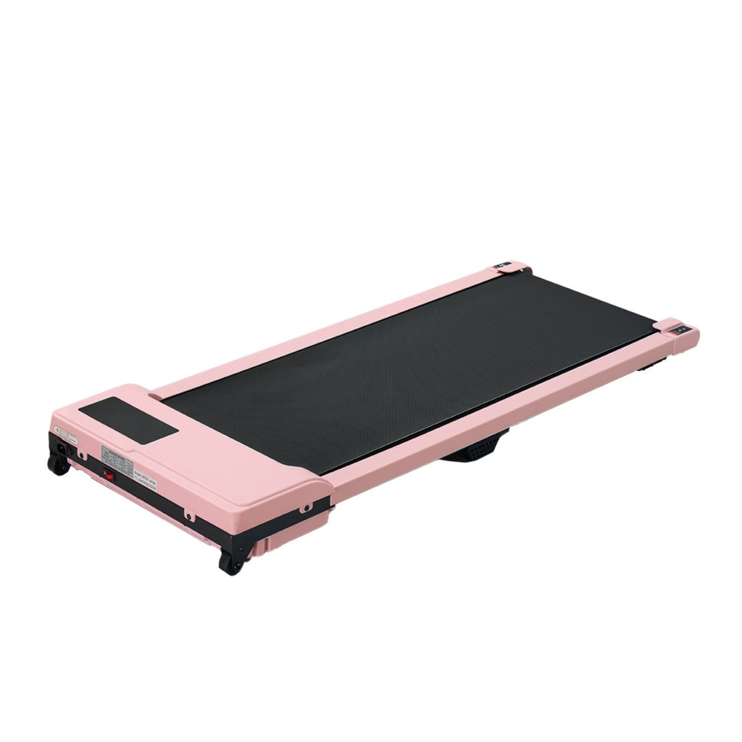 Pink portable walking pad treadmill with black running belt and side display panel