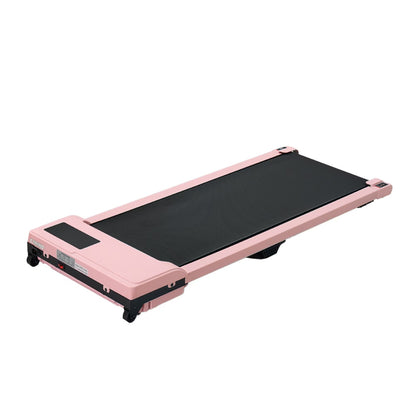 Pink portable walking pad treadmill with black running belt and side display panel