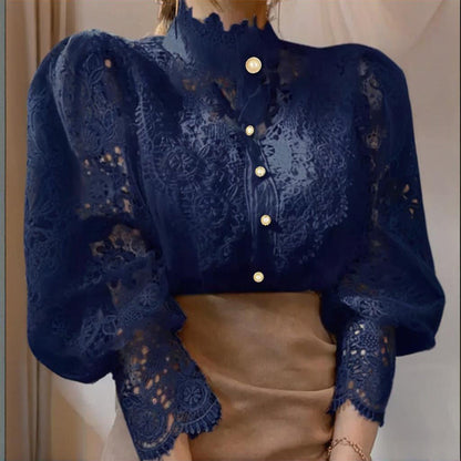 Elegant Women's Vintage Pearl Button Lace Blouse - Puff Sleeve Semi-Sheer Ruffled Stand Collar Shirt