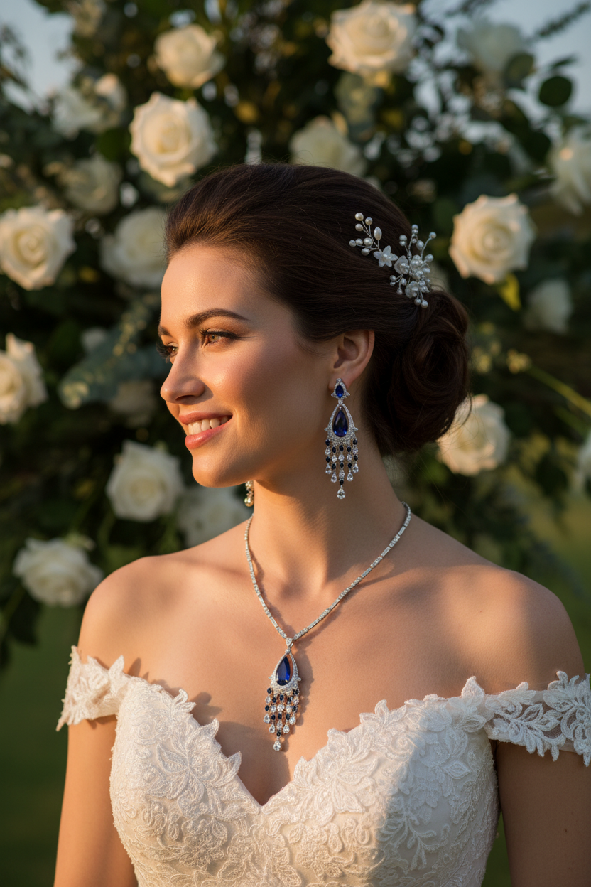 Blue teardrop zircon necklace with matching tassel earrings for bridal wear