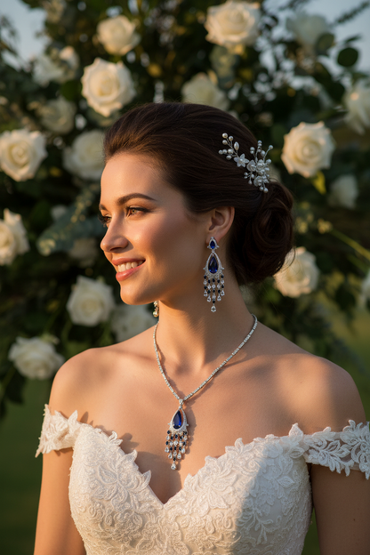 Blue teardrop zircon necklace with matching tassel earrings for bridal wear