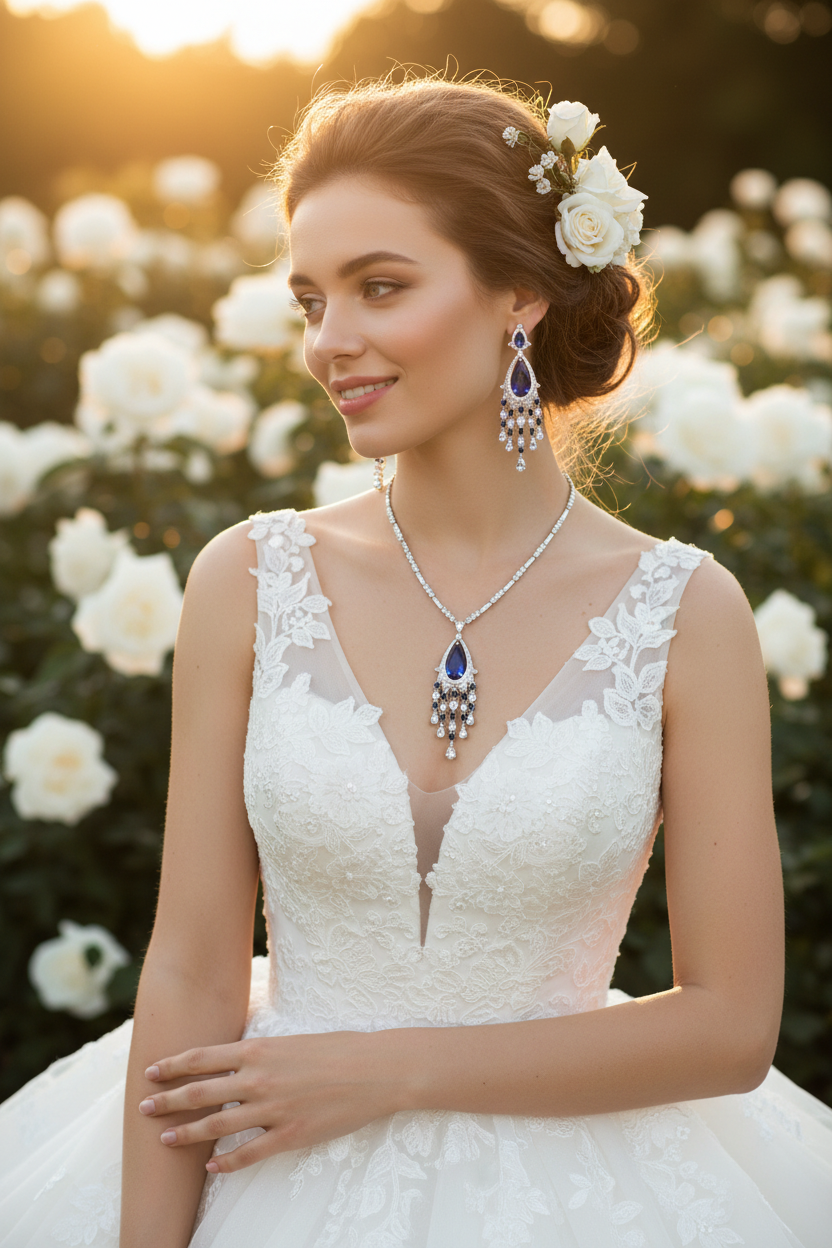 Blue teardrop zircon necklace with matching chandelier tassel earrings