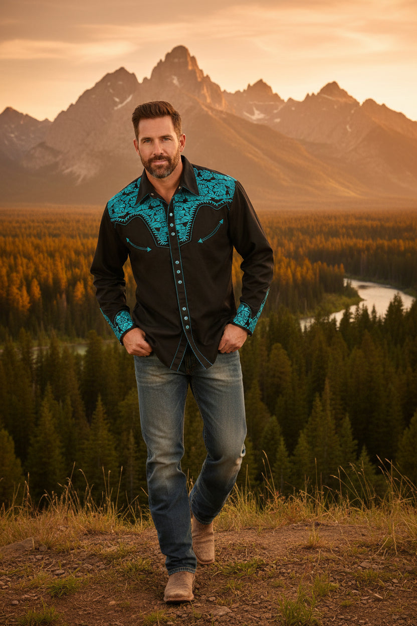 Men's long-sleeve polo collar button shirt, black with teal embroidered front details