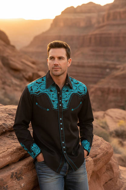 Men's long-sleeve polo-collar button shirt in black with teal patterned print