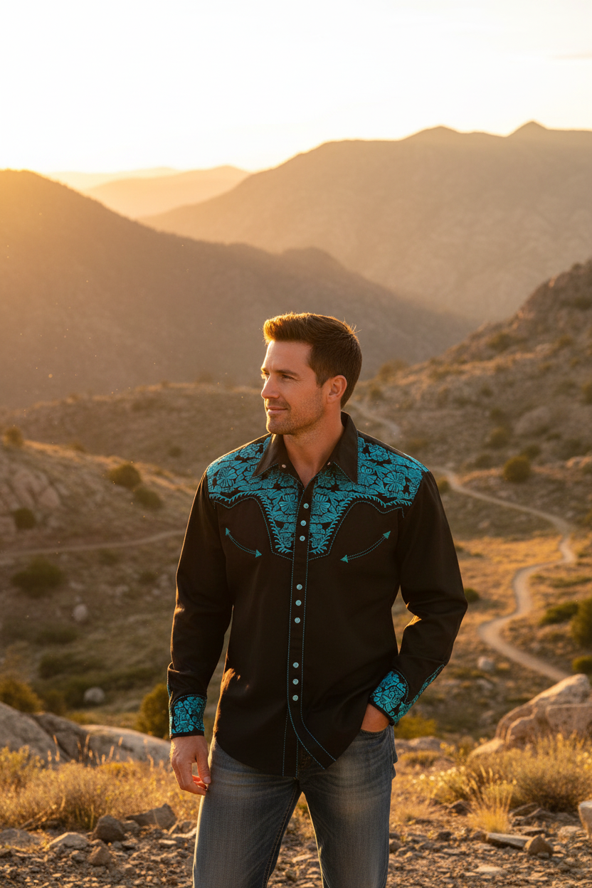Men's long-sleeve polo collar button shirt, black with teal embroidered front